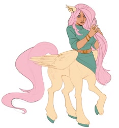 Size: 1280x1365 | Tagged: safe, artist:doctor-pepo, imported from twibooru, fluttershy, centaur, accessories, belt, bracelet, closed wing, clothes, colored hooves, female, image, jewelry, looking at you, moderate dark skin, needs more jpeg, pony ears, race swap, raised hoof, ring, simple background, solo, unshorn fetlocks, white background