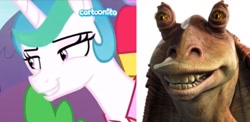 Size: 1576x767 | Tagged: safe, edit, edited screencap, imported from derpibooru, screencap, princess celestia, alicorn, pony, between dark and dawn, season 9, spoiler:s09, backpack, bedroom eyes, comparison, eyelashes, faic, female, grin, gungan, jar jar binks, male, mare, meme, reference, similarities, smiling, star wars, star wars: the phantom menace, teeth