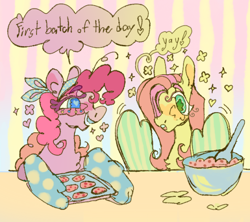 Size: 500x443 | Tagged: safe, artist:fablewave, imported from twibooru, fluttershy, pinkie pie, butterfly, earth pony, pegasus, pony, baking, bandana, cookie, cookie dough, cooking, duo, duo female, female, food, heart, image, mare, open mouth, oven mitts, png, speech bubble, striped background, table, talking, tray, yay