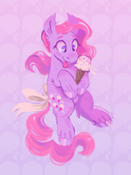 Size: 600x800 | Tagged: safe, artist:motionwaltz, imported from twibooru, lickety split, earth pony, pony, bow, candy, colored hooves, female, food, g1, ice cream, image, mare, pink background, png, simple background, solo, sweets, tail bow, unshorn fetlocks