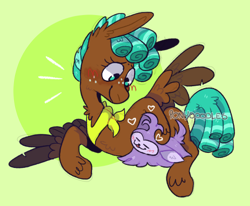 Size: 500x411 | Tagged: safe, artist:ponydoodles, imported from twibooru, bloofy, spur, dog, pegasus, pony, animal, bandana, female, freckles, green background, heart, image, lying down, mare, petting, png, simple background, smiling, solo, unshorn fetlocks, wings