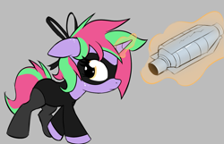 Size: 1239x799 | Tagged: safe, artist:permpony, oc, oc:susie supreme, pony, unicorn, catalytic converter, clothes, female, filly, foal, freckles, gray background, hair ribbon, horn, leggings, leotard, looking back, magic, magic aura, simple background, sneaking, solo, unicorn oc