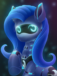 Size: 1280x1707 | Tagged: safe, artist:symbianl, imported from derpibooru, oc, oc:loon4, pony, robot, robot pony, clothes, commission, cute, cutie mark, cutie mark on clothes, cyberpunk, female, not luna, roboticization, shiny, solo, visor