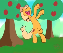 Size: 1280x1080 | Tagged: safe, artist:boxybrown, applejack, earth pony, /bale/, 4chan, apple, apple tree, boxybrown, colored, food, happy, jumping, solo, tree