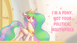 Size: 3840x2160 | Tagged: safe, artist:cocaine, edit, imported from ponybooru, princess celestia, alicorn, pony, balcony, castle, female, jewelry, mare, petals, regalia, solo, tiara