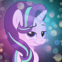 Size: 894x894 | Tagged: safe, imported from derpibooru, starlight glimmer, pony, unicorn, complex background, looking at you, raised eyebrow, smiling, smirk, solo, sparkling