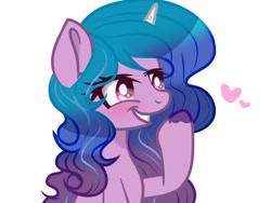 Size: 1032x774 | Tagged: safe, artist:sugarcubecreationz, imported from derpibooru, izzy moonbow, pony, unicorn, spoiler:g5, anime style, blushing, cute, detailed, excited, g5, heart, photo, simple background, smiling, solo, unshorn fetlocks, white background