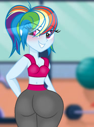 Size: 769x1039 | Tagged: safe, artist:sugarcubecreationz, imported from derpibooru, rainbow dash, human, equestria girls, equestria girls (movie), equestria girls series, rainbow rocks, anatomically incorrect, ass, big breasts, blurry background, boobs and butt pose, breasts, butt, clothes, complex background, focus, gym, gym uniform, humanized, large butt, looking at you, looking back, ponytail, rainbutt dash, raised eyebrow, smiling, smirk, solo, wide hips