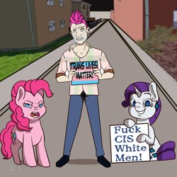 Size: 1024x1024 | Tagged: safe, artist:dilarus, pinkie pie, rarity, human, building, crying, dilarus, ear piercing, earring, jewelry, meta, peeing in pants, piercing, politics, road, trans lives matter, wojak