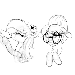 Size: 4000x4000 | Tagged: safe, artist:to_fat_to_fly, nurse redheart, raven, earth pony, pony, unicorn, absurd resolution, blushing, bottle, clipboard, drinking, ear fluff, eye clipping through hair, female, glasses, hat, hoof hold, mare, monochrome, nurse hat