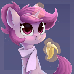 Size: 960x960 | Tagged: safe, artist:anti1mozg, imported from derpibooru, oc, oc only, oc:lavrushka, pony, unicorn, banana, chest fluff, clothes, eating, female, food, looking at you, magic, scarf, simple background, solo, telekinesis