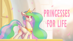 Size: 1200x675 | Tagged: safe, artist:cocaine, edit, imported from ponybooru, princess celestia, alicorn, pony, crown, female, horn, jewelry, mare, multicolored mane, multicolored tail, regalia, smiling, solo, text, white coat, wings