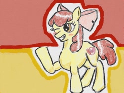 Size: 640x480 | Tagged: safe, artist:asgrimspsq, imported from derpibooru, apple bloom, earth pony, pony, blushing, female, filly, foal, grin, one eye closed, raised hoof, smiling, solo, wink