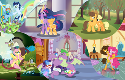 Size: 5896x3780 | Tagged: safe, artist:sealilyan, imported from derpibooru, applejack, caramel, cheese sandwich, discord, flash sentry, fluttershy, pinkie pie, rainbow dash, rarity, soarin', spike, twilight sparkle, alicorn, dragon, pegasus, pony, unicorn, the last problem, accessory swap, apple, apple tree, butt, carajack, cheesepie, discoshy, female, flashlight, gem, gigachad spike, high res, hug, male, mane seven, mane six, mare, older, older spike, older twilight, plot, princess twilight 2.0, rainbow falls (location), rainbow waterfall, shipping, soarindash, sparity, straight, tree, twilight sparkle (alicorn), winged spike, wings