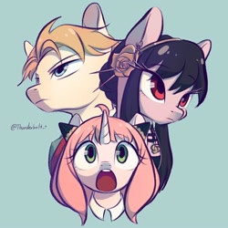 Size: 1000x1000 | Tagged: safe, artist:thunderbolt_t, imported from derpibooru, earth pony, pony, unicorn, anime, anya forger, female, loid forger, male, mare, open mouth, ponified, spy x family, stallion, trio, yor forger