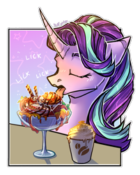 Size: 1680x2094 | Tagged: safe, artist:intfighter, imported from derpibooru, starlight glimmer, pony, unicorn, cheek fluff, coffee, commission, curved horn, cute, eyes closed, female, floppy ears, food, glimmerbetes, horn, ice cream, licking, mare, onomatopoeia, solo, sound effects, sundae, tongue out, ych result
