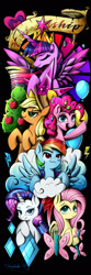 Size: 810x2430 | Tagged: safe, artist:darksly, imported from derpibooru, applejack, fluttershy, pinkie pie, rainbow dash, rarity, twilight sparkle, alicorn, earth pony, pegasus, pony, unicorn, black background, commission, cute, eyes closed, female, mane six, mare, open mouth, simple background, twilight sparkle (alicorn)