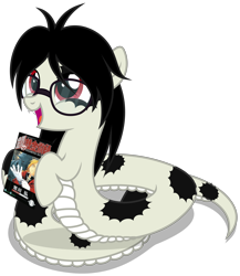 Size: 3320x3820 | Tagged: safe, artist:strategypony, imported from derpibooru, oc, oc only, oc:cuppa noodle, lamia, original species, snake, snake pony, book, cute, daaaaaaaaaaaw, female, filly, foal, fullmetal alchemist, glasses, happy, hoof hold, manga, messy mane, mottled coat, neet, nerd, ocbetes, open mouth, simple background, transparent background, younger