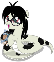 Size: 3320x3820 | Tagged: safe, alternate version, artist:strategypony, imported from derpibooru, oc, oc only, oc:cuppa noodle, lamia, original species, snake, snake pony, book, cowboy bebop, cute, daaaaaaaaaaaw, female, filly, foal, glasses, happy, hoof hold, manga, messy mane, mottled coat, neet, nerd, ocbetes, open mouth, simple background, transparent background, younger