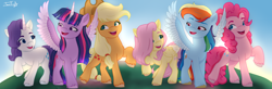 Size: 7656x2524 | Tagged: safe, artist:javierespi2003, imported from derpibooru, applejack, fluttershy, pinkie pie, rainbow dash, rarity, twilight sparkle, alicorn, earth pony, pegasus, pony, unicorn, applejack's hat, cowboy hat, female, g4, g4 to g5, g5, generation leap, hat, mane six, mare, spread wings, twilight sparkle (alicorn), wings