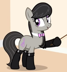 Size: 353x380 | Tagged: safe, artist:ldear, edit, imported from derpibooru, octavia melody, earth pony, pony, bow (instrument), bowtie, clothes, cropped, female, latex, latex socks, mare, pink fluffy handcuffs are perfect for bondage, smiling, socks