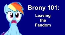 Size: 525x286 | Tagged: safe, imported from derpibooru, rainbow dash, pegasus, pony, 101, blue background, comments locked down, comments more entertaining, debate in the comments, discussion in the comments, female, frown, leaving the fandom, mare, multicolored hair, open mouth, rainbow hair, shocked, simple background, text, title card, youtube link