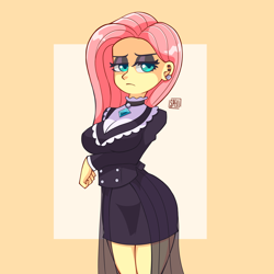 Size: 3000x3000 | Tagged: safe, artist:spellart, imported from derpibooru, fluttershy, human, equestria girls, arm under breasts, breasts, busty fluttershy, clothes, dress, eyeshadow, female, fluttergoth, frown, goth, looking at you, makeup, miniskirt, skirt, solo