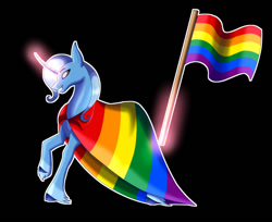 Size: 640x522 | Tagged: safe, artist:plasmaticia, imported from derpibooru, trixie, pony, unicorn, cape, clothes, cloven hooves, curved horn, gay pride flag, horn, lgbt, pride, pride flag, smiling, solo, unshorn fetlocks