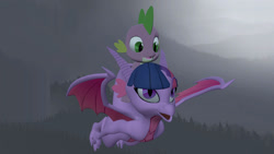 Size: 1280x720 | Tagged: safe, artist:ponygamer2020, imported from derpibooru, spike, twilight sparkle, dragon, 3d, cute, dragoness, dragonified, dragons riding dragons, duo, female, flying, friendship, looking at each other, looking at someone, male, mama twilight, night, riding, shipping, sitting, smiling, source filmmaker, species swap, spikabetes, spike riding twilight, straight, tree, twilidragon, twispike