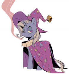 Size: 1194x1281 | Tagged: safe, artist:chunkysoup22, imported from derpibooru, trixie, pony, unicorn, cape, clothes, drugs, female, hat, joint, leonine tail, lidded eyes, looking at you, looking back, looking back at you, mare, marijuana, ruff (clothing), simple background, smiling, smoking, solo, tail, trixie's cape, trixie's hat, white background