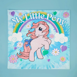 Size: 1500x1500 | Tagged: safe, imported from derpibooru, cotton candy (g1), earth pony, pony, blanket, decorsome, female, mare, merchandise, my little pony logo, official, rearing, retro, simple background, solo, text