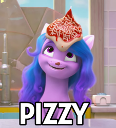 Size: 964x1068 | Tagged: safe, edit, edited screencap, imported from derpibooru, screencap, izzy moonbow, pony, unicorn, spoiler:my little pony: make your mark, cute, food, g5, izzy impaling things, izzybetes, my little pony: make your mark, my little pony: make your mark chapter 1, pizza, pun, solo