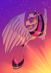 Size: 1434x2048 | Tagged: safe, artist:unfinishedheckery, imported from derpibooru, twilight sparkle, alicorn, anthro, unguligrade anthro, fanfic:my little pony: the unexpected future, book, clothes, digital art, female, flying, hoers, horn, leonine tail, looking at you, looking back, looking back at you, partially open wings, reading, rear view, solo, tail, twilight sparkle (alicorn), wings