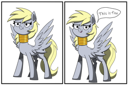 Size: 3801x2517 | Tagged: safe, artist:la hum, imported from derpibooru, derpy hooves, pegasus, pony, 2 panel comic, comic, derp, derpy being derpy, high res, neck rings, spread wings, sweat, sweatdrops, this is fine, wings