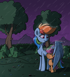 Size: 1676x1848 | Tagged: safe, artist:la hum, imported from derpibooru, rainbow dash, scootaloo, pegasus, pony, caring, cute, duo, duo female, female, grass, protecting, rain, scootalove, tree, wing umbrella, wings