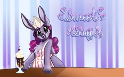 Size: 2048x1280 | Tagged: safe, artist:unfinishedheckery, imported from derpibooru, oc, oc only, oc:opium belladonna, donkey, hybrid, pegasus, pony, apron, big ears, clothes, digital art, female, ice cream soda, looking at you, mare, open mouth, solo, tail, wings