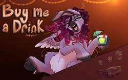 Size: 2048x1280 | Tagged: safe, artist:unfinishedheckery, imported from derpibooru, oc, oc only, oc:opium belladonna, donkey, hybrid, pegasus, pony, alcohol, bar, bedroom eyes, big ears, digital art, drunk, female, looking at you, mare, open mouth, partially open wings, solo, tail, wings