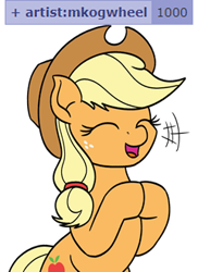 Size: 240x330 | Tagged: safe, artist:mkogwheel, artist:mkogwheel edits, edit, imported from derpibooru, applejack, earth pony, pony, derpibooru, 1000, applejack's hat, caption, congratulations, cowboy hat, cute, derpimilestone, eyes closed, female, hat, hooves together, jackabetes, mare, meta, milestone, simple background, smiling, solo, tags, text, white background