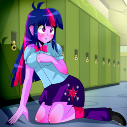 Size: 1999x2000 | Tagged: safe, artist:dollybrownpigtails, imported from derpibooru, twilight sparkle, human, equestria girls, blushing, canterlot high, clothes, female, kneeling, lockers, skirt, solo