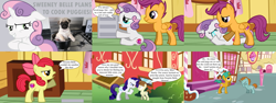 Size: 3840x1440 | Tagged: safe, artist:darthwill3, imported from derpibooru, apple bloom, featherweight, scootaloo, snails, snips, sweetie belle, dog, earth pony, pegasus, pony, pug, unicorn, pony creator, ponyville confidential, season 2, angry, bow, clubhouse, colt, comic, cooking, cooking pot, crusaders clubhouse, crying, cutie mark, cutie mark crusaders, dialogue, evil, evil sweetie belle, female, filly, floppy ears, foal, foal free press, frown, gritted teeth, hair bow, horn, male, mare, newspaper, ponyville schoolhouse, sad, school, sitting, smiling, speech bubble, stallion, stove, sugarcube corner, teeth, text, the cmc's cutie marks, wings