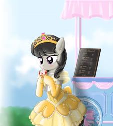 Size: 1600x1776 | Tagged: safe, artist:avchonline, imported from derpibooru, octavia melody, earth pony, semi-anthro, ballerina, beautiful, bipedal, blushing, booth, canterlot royal ballet academy, cart, clothes, crepe, dress, food, herbivore, jewelry, licking, menu, pastry, shading, tiara, tongue out