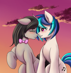 Size: 1500x1550 | Tagged: safe, artist:zachc, imported from derpibooru, dj pon-3, octavia melody, vinyl scratch, earth pony, pony, unicorn, blushing, bowtie, cloud, concave belly, duo, evening, eyes closed, female, floppy ears, lesbian, mare, raised hoof, scratchtavia, shipping, slim, smiling, thin