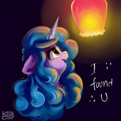 Size: 4000x4000 | Tagged: safe, artist:lazybread, imported from derpibooru, izzy moonbow, pony, unicorn, absurd resolution, cute, english, female, g5, izzybetes, lantern, mare, simple background, solo, text