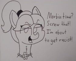 Size: 1297x1045 | Tagged: safe, artist:spoopygirl, imported from derpibooru, earth pony, pony, g5, it's morbin time, lineart, morbius, posey bloom, traditional art, trolling