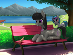 Size: 3000x2250 | Tagged: safe, artist:dash wang, imported from derpibooru, dj pon-3, octavia melody, vinyl scratch, oc, oc:cream brun, bird, earth pony, pony, unicorn, bench, bush, dappled sunlight, day, daytime, lake, mountain, mountain range, pier, scenery, sitting, smiling, tree