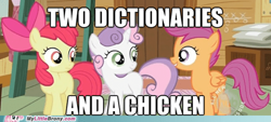 Size: 500x226 | Tagged: safe, edit, edited screencap, imported from derpibooru, screencap, apple bloom, scootaloo, sweetie belle, earth pony, pegasus, pony, unicorn, bow, caption, cutie mark crusaders, dictionary belle, dictionary bloom, funny, hair bow, hub logo, image macro, impact font, logo, meme, my little brony, no cutie marks yet, scootachicken, smiling, text, the hub, watermark