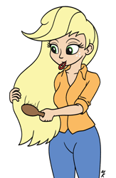 Size: 1300x2000 | Tagged: safe, artist:mkogwheel, imported from derpibooru, applejack, human, brush, brushing, female, hair tie, hairbrush, humanized, loose hair, mouth hold, simple background, solo, white background