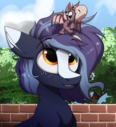 Size: 1885x2067 | Tagged: safe, artist:luxsimx, imported from derpibooru, oc, oc only, oc:efflorescence, oc:witching hour, bat pony, pony, unicorn, bat pony oc, blaze (coat marking), coat markings, couple, facial markings, female, freckles, horn, horn grab, male, mare, micro, stallion, witchessence