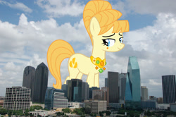 Size: 3008x2000 | Tagged: safe, artist:rainbowplasma, artist:thegiantponyfan, imported from derpibooru, aunt orange, earth pony, pony, dallas, female, giant pony, giant/macro earth pony, giantess, high res, highrise ponies, irl, macro, mare, mega giant, photo, ponies in real life, smiling, texas