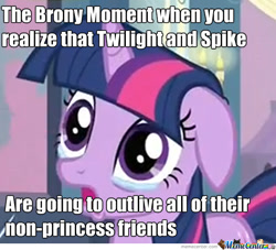 Size: 553x503 | Tagged: safe, edit, edited screencap, imported from derpibooru, screencap, twilight sparkle, pony, unicorn, a canterlot wedding, artifact, caption, crying, female, floppy ears, image macro, immortality, impact font, implied spike, meme, memecenter, open mouth, solo, text, unicorn twilight, watermark